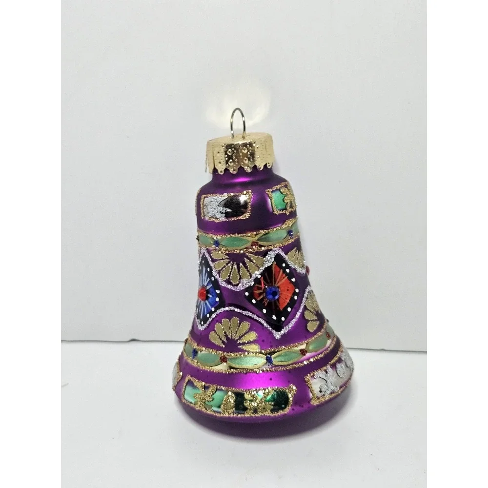 Set of 2 Polish Blown Glass Christmas Ornaments Red Ball Purple Bell Glitter Vtg
